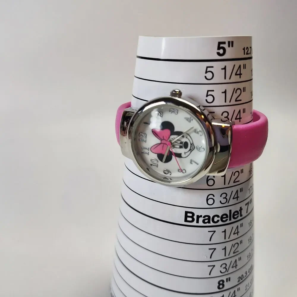 Disney Minnie Mouse Pink Bangle Bracelet Watch Silver Tone
